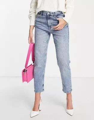 Pull&Bear slim mom jeans with rips in light blue | ASOS (Global)