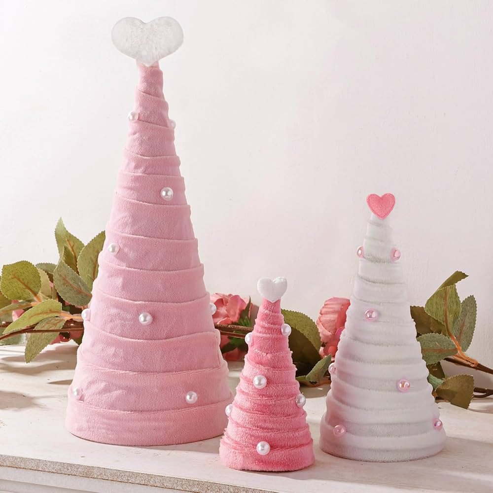 Valentines Day Decorations, 3Pcs Pink & White Velvet Cone Valentines Day Tree with Pearls Valenti... | Amazon (US)
