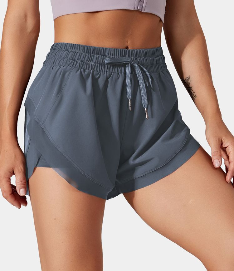 Drawstring Contrast Flowy Mesh 2-in-1 Shorts | HALARA