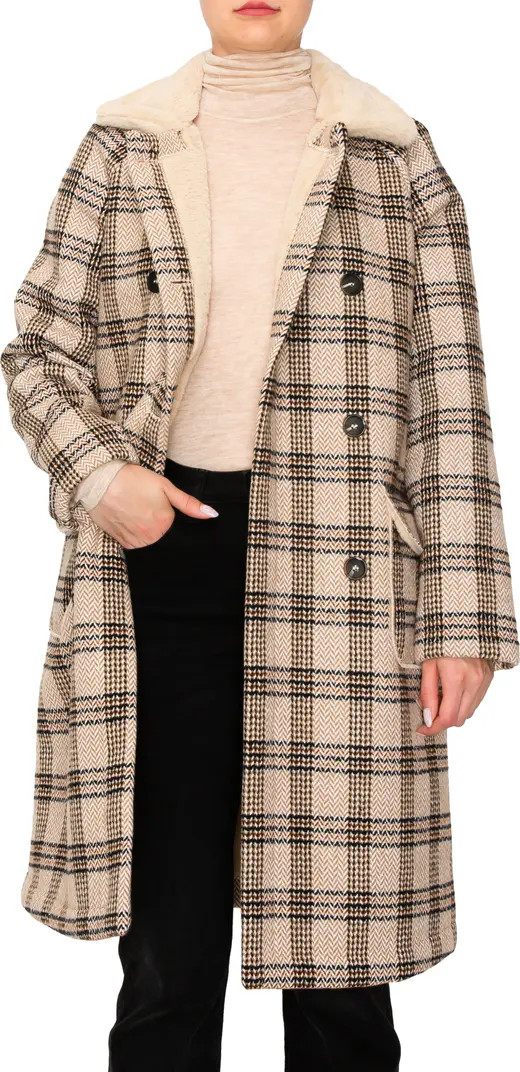Faux Fur Collar Plaid Double Breasted Coat | Nordstrom Rack