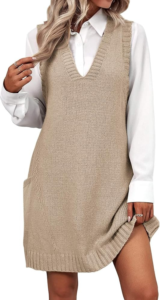 Zeagoo Womens Sweater Vest Dress Pattern Knitted Pullovers Sweaters V Neck Tank Sweater Dress wit... | Amazon (US)