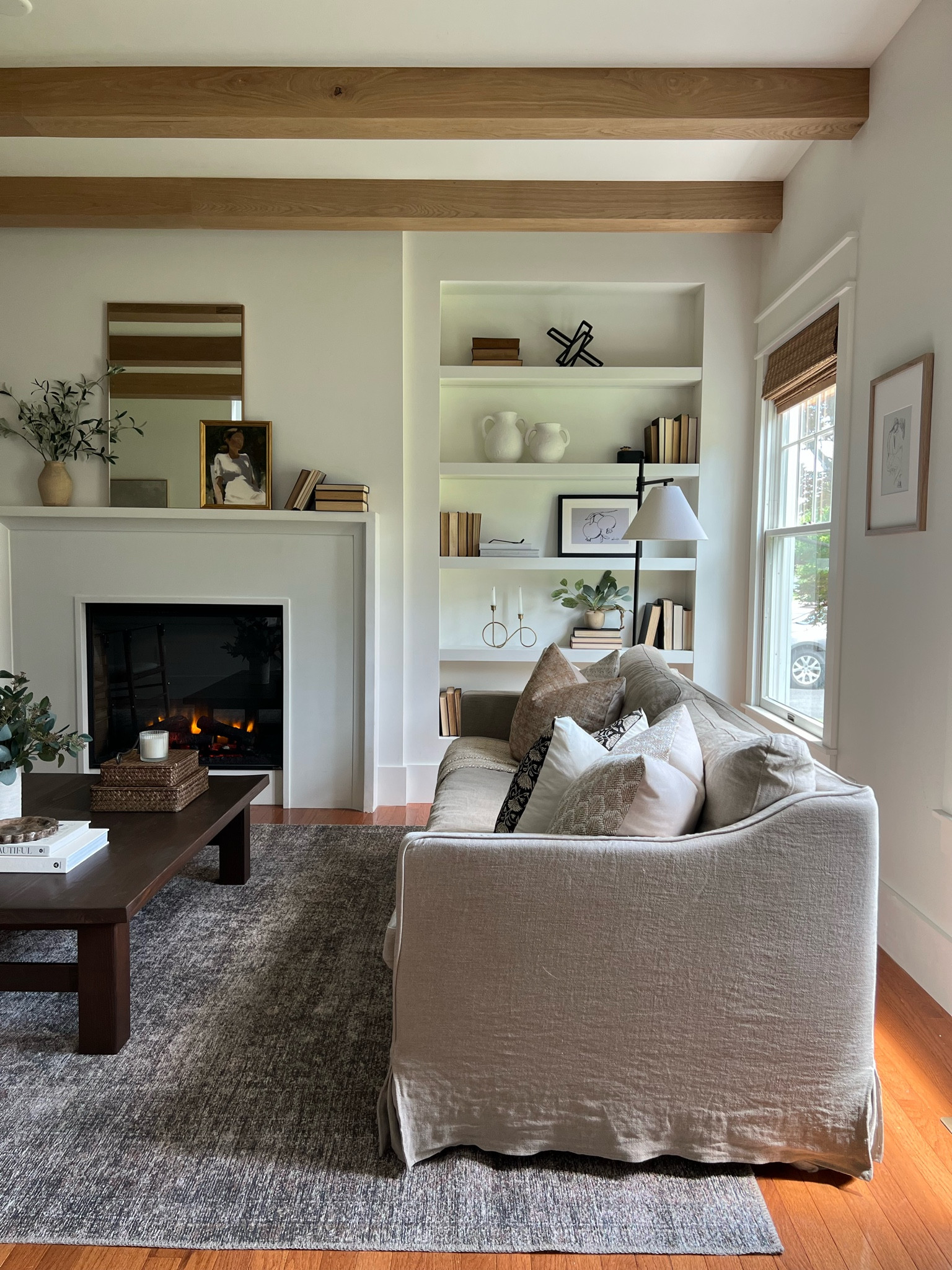 Living room decor, open shelves, fireplace decor 