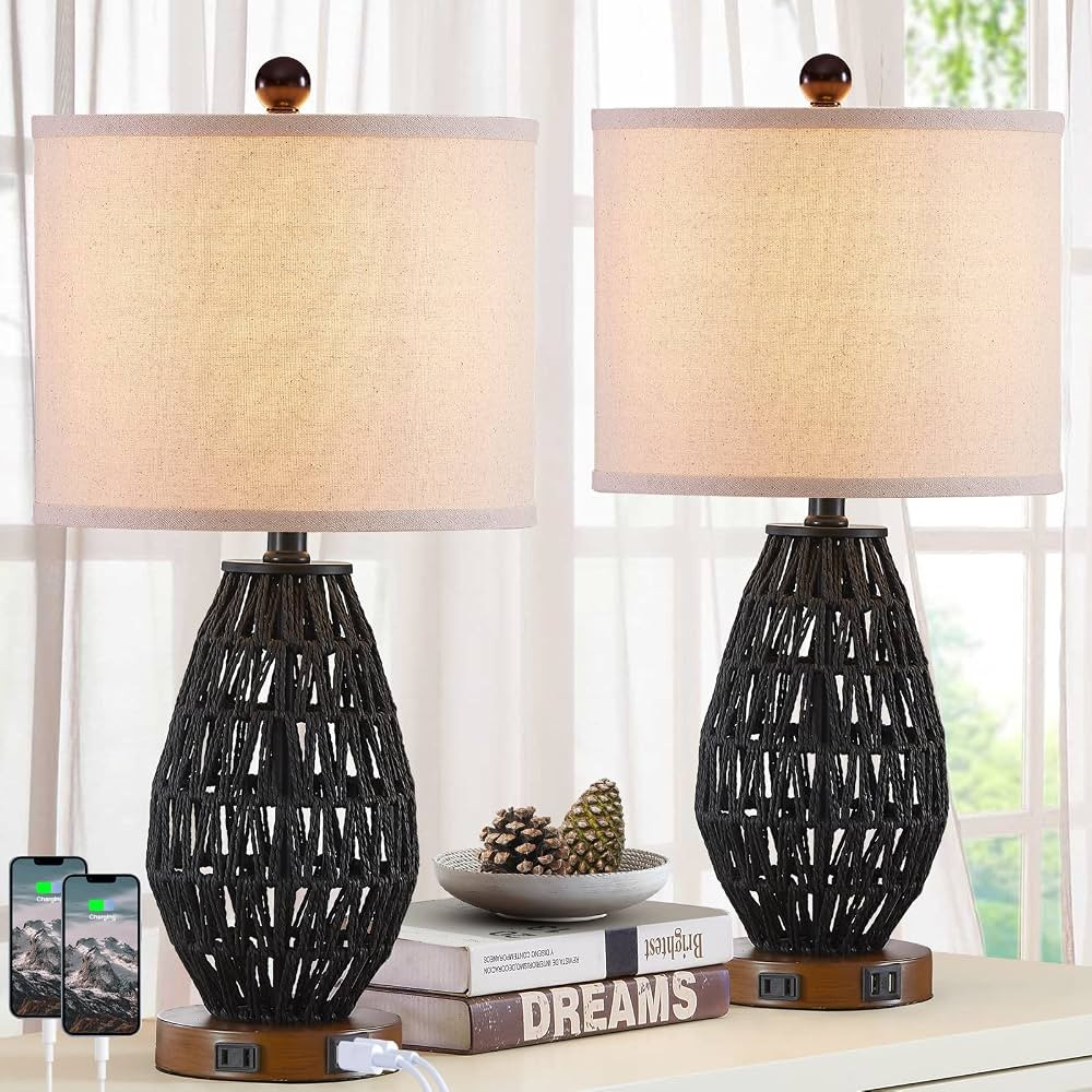 CINSARY Touch Control Rattan Table Lamps, 3 Way Dimmable Bedside Lamps for Bedroom Set of 2 with ... | Amazon (US)