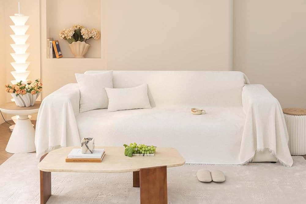 AMWAN 1 Piece Thick Durable Slub Chenille Sofa Cover for Sectional Sofa Pure White Soft Cozy Couc... | Amazon (US)