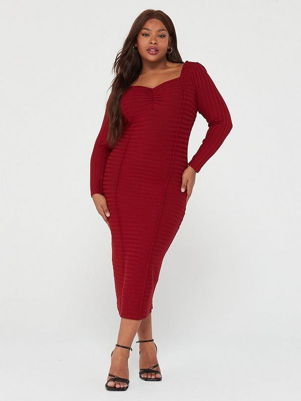 V by Very Curve Contour Shaping Rib Midi Dress - Red | Very (UK)