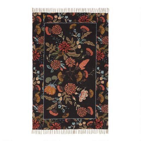 Black and Sage Floral Embroidered Cotton Jaipur Area Rug | World Market