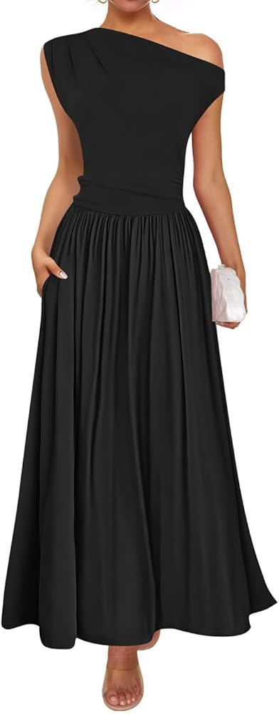 ZESICA Women's Summer 2026 Sleeveless Maxi Dress One Shoulder Casual Slim Swing Pleated Formal Dr... | Amazon (US)