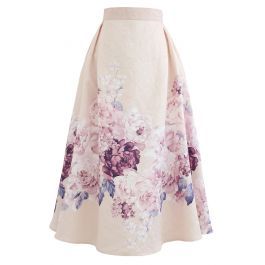 Lavender Peony Print Embossed Midi Skirt | Chicwish