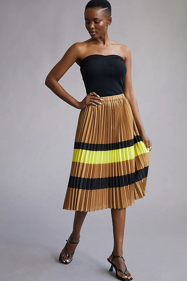 Maeve Pleated Stripe Midi Skirt | Anthropologie (US)