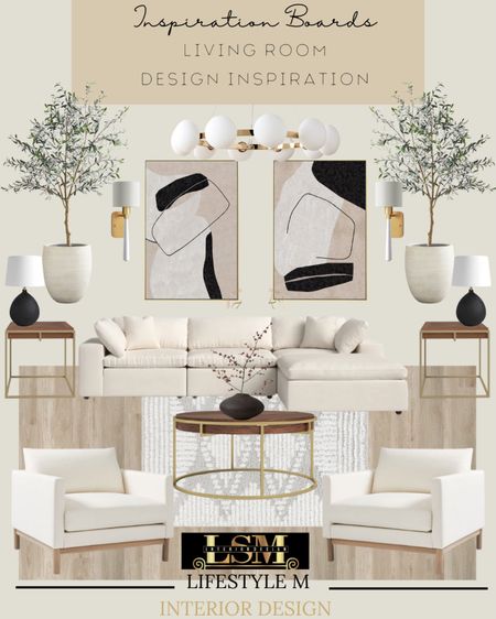 Elegant living room. If you love neutrals, this look is great. Recreate it at home by shopping the pieces below. White sofa, white accent chair, round coffee table, wood end tables, black vase, black table lamps, white planters, faux olive tree, wall sconce, chandelier light, living room rug, wood floor panels.

#LTKhome #LTKstyletip #LTKSeasonal