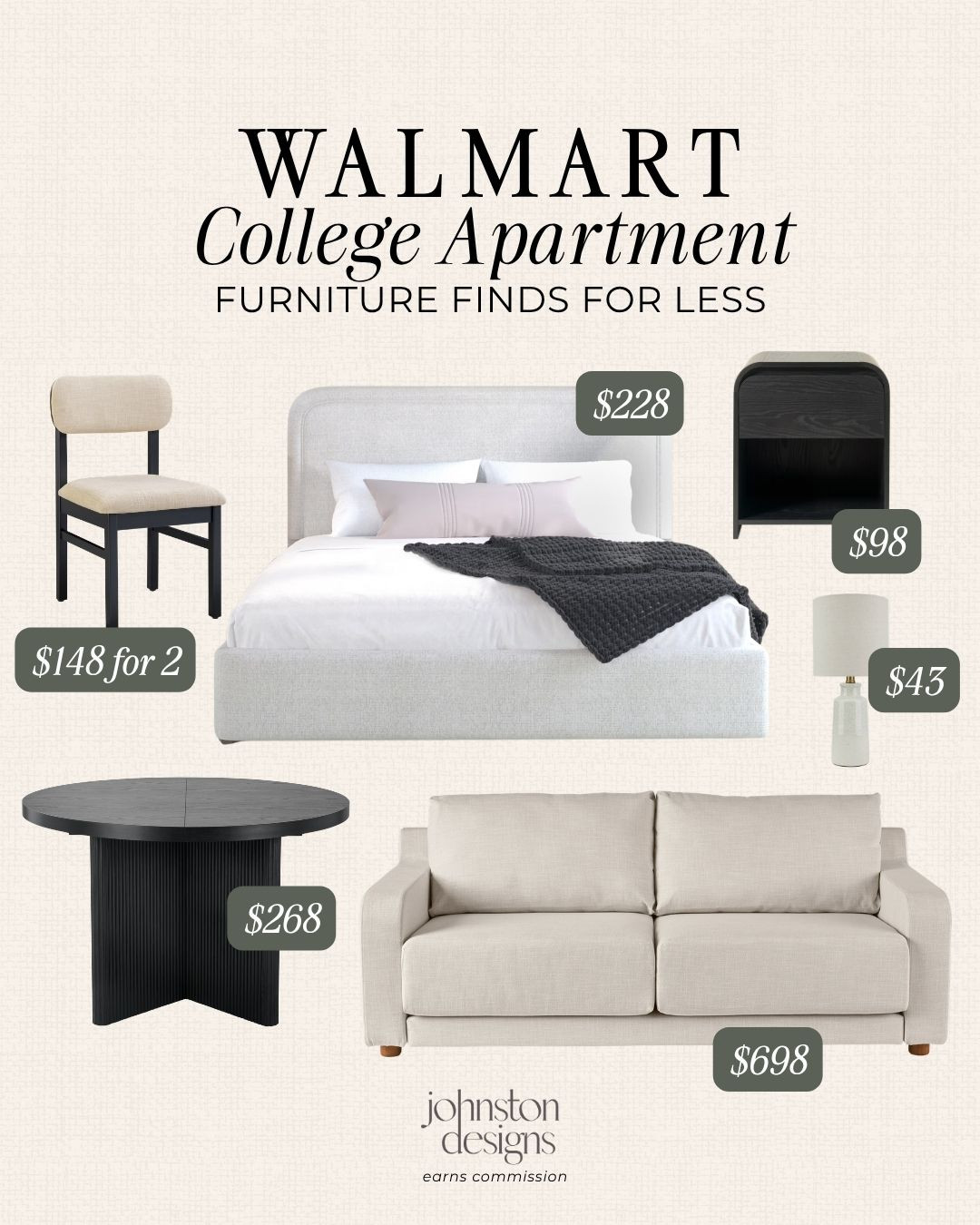 Affordable Walmart furniture finds to make a college apartment feel stylish, comfortable and put together without overspending. From a cozy bed and sofa to dining essentials and storage, these neutral pieces are perfect for creating a polished space on a budget. 🏠

Walmart furniture, college apartment, apartment furniture, affordable furniture, walmart home, college apartment decor, small space furniture, budget home finds, dorm, first apartment essentials, neutral apartment decor. 

 #LTKU #LTKHome