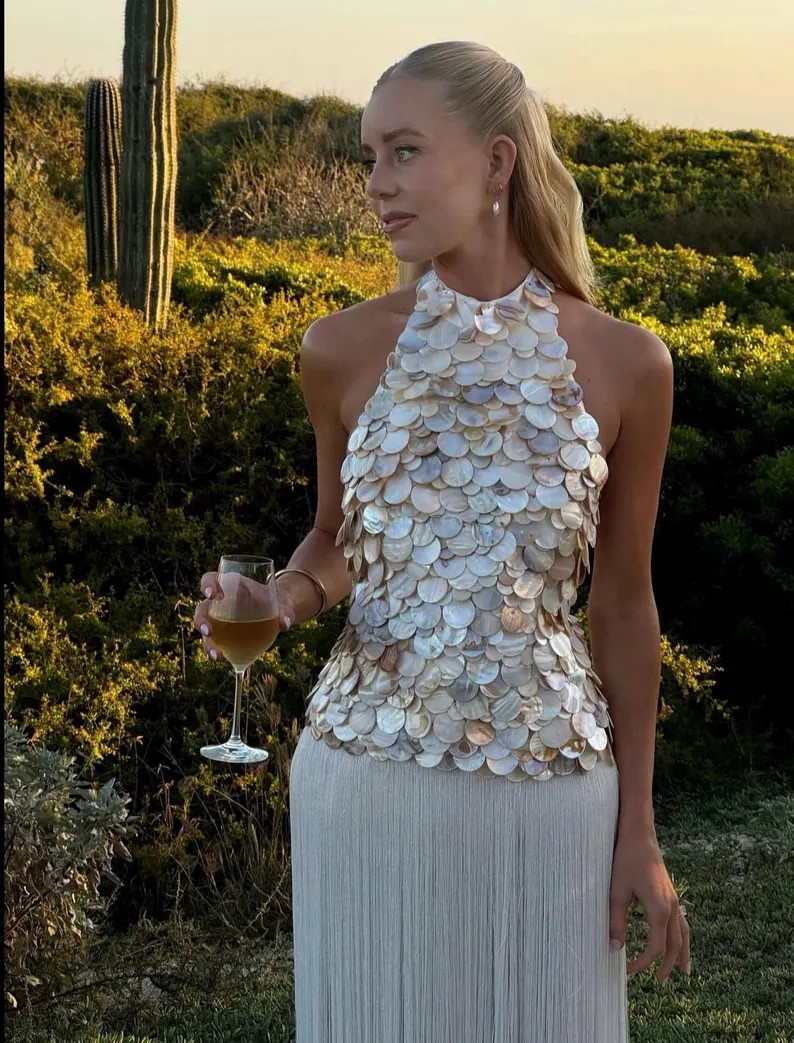 Women's White Fringed Shell-Embellished Satin Maxi Dress | Etsy (Global)