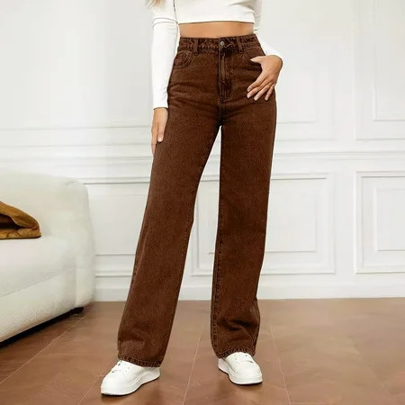 FRSASU Woman Wide Leg Jeans High Waisted Baggy Straight Leg Jeans Trendy Versatile Jean Casual Stretchy Denim Pants with Pocket Brown | Walmart (US)