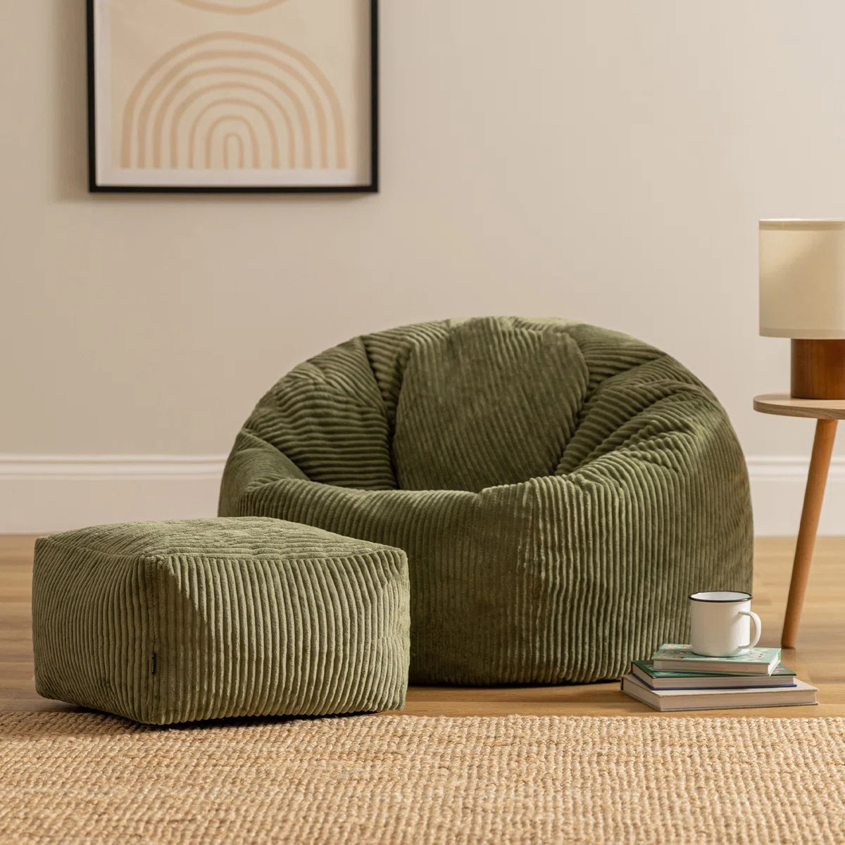 Bean Bag Bazaar Kingston Cordurouy Bean Bag and Square Footstool, Sage Green | Wayfair UK