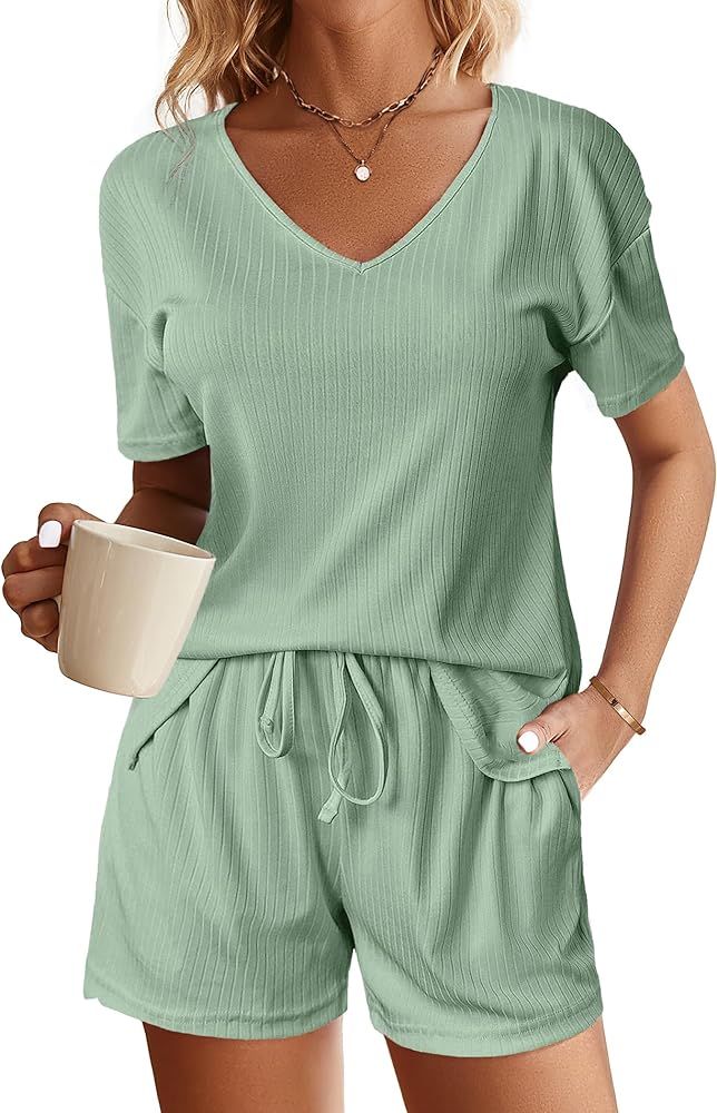 Ekouaer Womens Ribbed Knit Lounge Set Short Sleeve Top and Shorts Sleepwear Pajama Set Two Piece ... | Amazon (US)