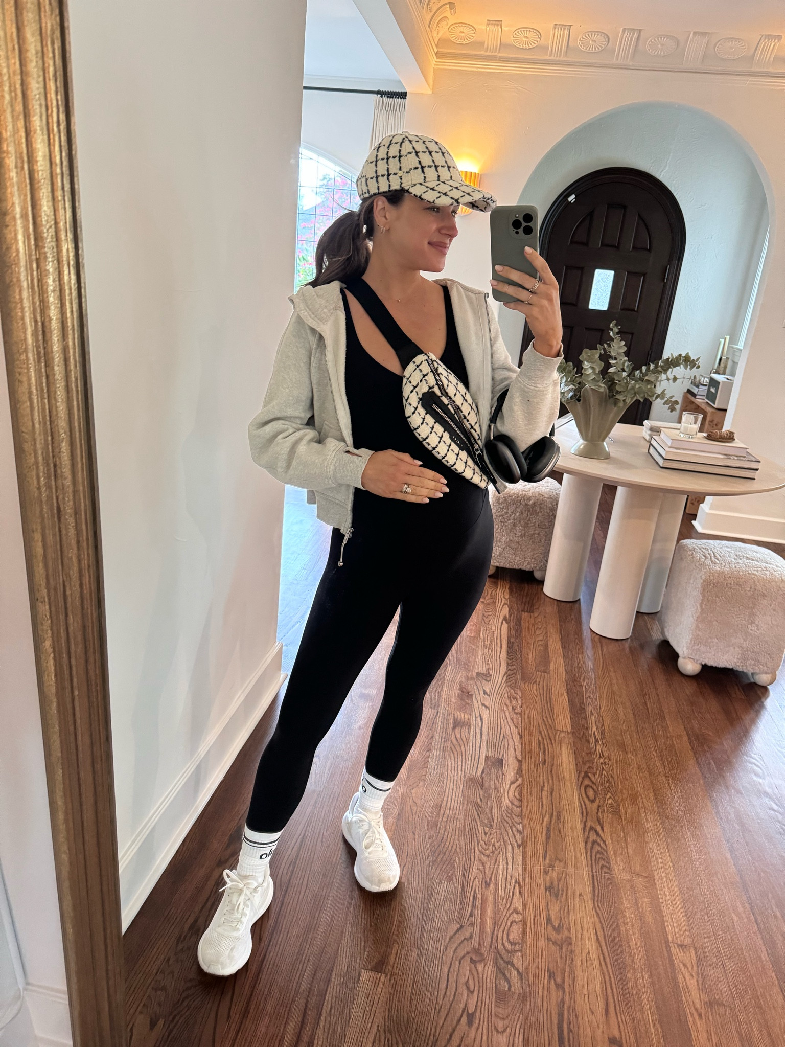 Morning OOTD🖤 love the matching fall accessories moment. Really elevates my morning outfit & motivates me to walk. Wearing my pre pregnancy size in the onesie & love that it’s stretchy! 

#LTKBump #LTKActive #LTKFitness