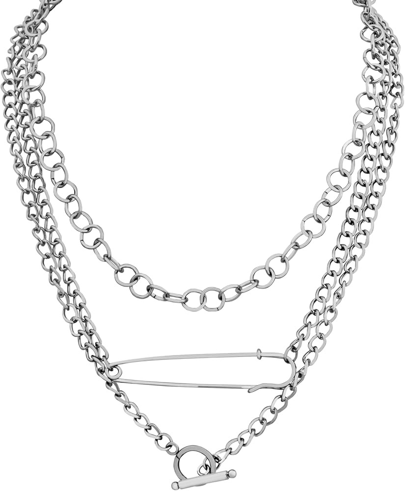 Sacina Goth Silver-tone Layered Choker Safety Pin Necklace, Chunky Chain Punk Necklace, Grunge Em... | Amazon (US)