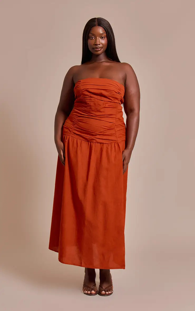 Rust PrettyLittleThing Trim Detail Ruched Maxi Dress | Boohoo USA | boohoo (US & Canada)