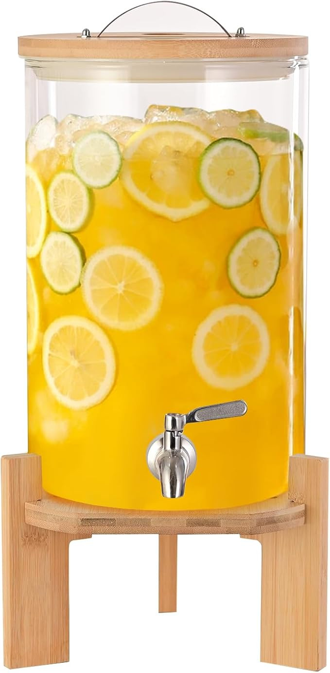 Glass Beverage Dispenser with Faucet Foldable Wooden Rack 2 Gallon Beverage Dispenser for Restaur... | Amazon (US)