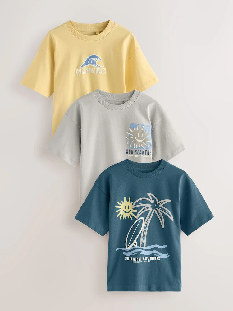 Yellow/Grey/Teal Relaxed Fit Graphic Print Short Sleeve T-Shirts 3 Pack (3-16yrs) | Next US