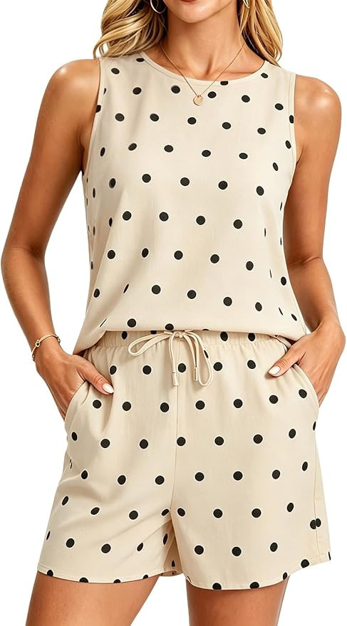 Women's 2 Piece Polka Dot Set Sleeveless Crewneck Spot Shirt Tops Elastic Waist Shorts Sets Summe... | Amazon (US)