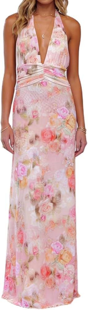 Y2k Womens Boho Floral Print Spaghetti Strap Maxi Bodycon Dress Summer Backless Dresses Beach Vac... | Amazon (US)