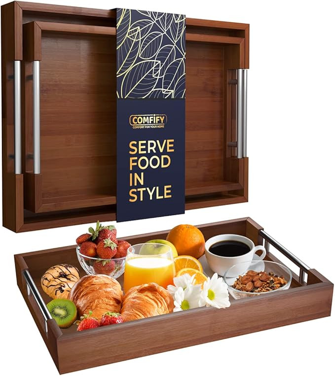 Set of 2 Decorative Serving Trays - Bamboo + Silver Stainless Steel Handles - Coffee Table or Ott... | Amazon (US)