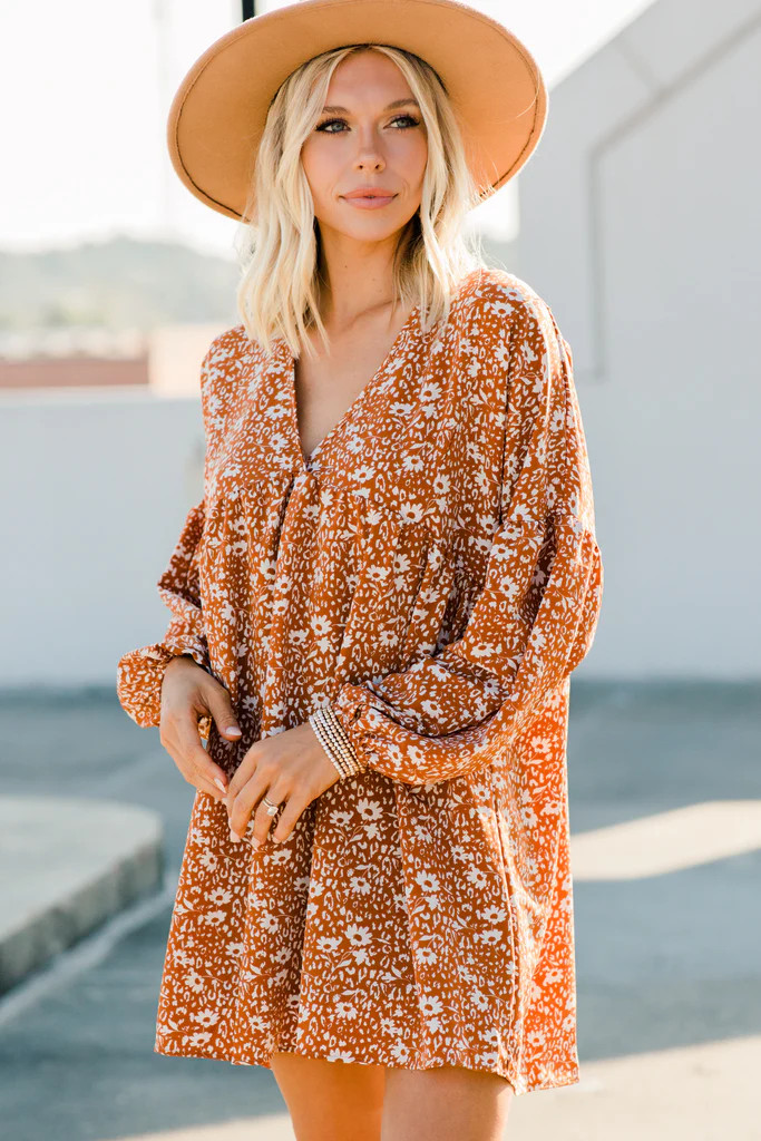 Be Your Own Leader Rust Orange Ditsy Floral Dress | The Mint Julep Boutique