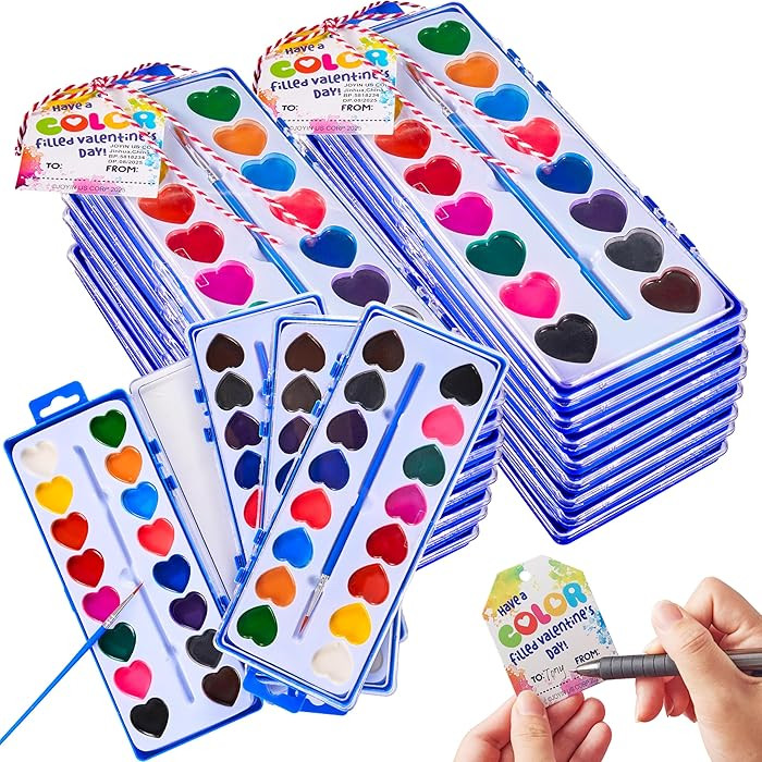JOYIN 24 Pcs Valentine’s Day Heart-Shaped Watercolor Paints, 16 Colors Paint Palettes with Brus... | Amazon (US)