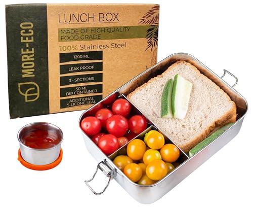 MORE-ECO Bento Box for Adult Stainless Steel 3 Compartment Lunch Box with Dip Container Leakproof 40 Oz Dishwasher Safe Meal Prep Eco Friendly Food Container with Secure Lock (Silver) | Amazon (US)