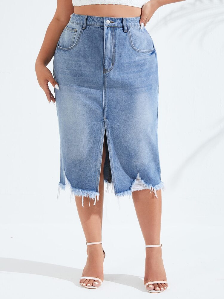 SHEIN Plus High Waist Ripped Raw Cut Split Thigh Denim Skirt | SHEIN