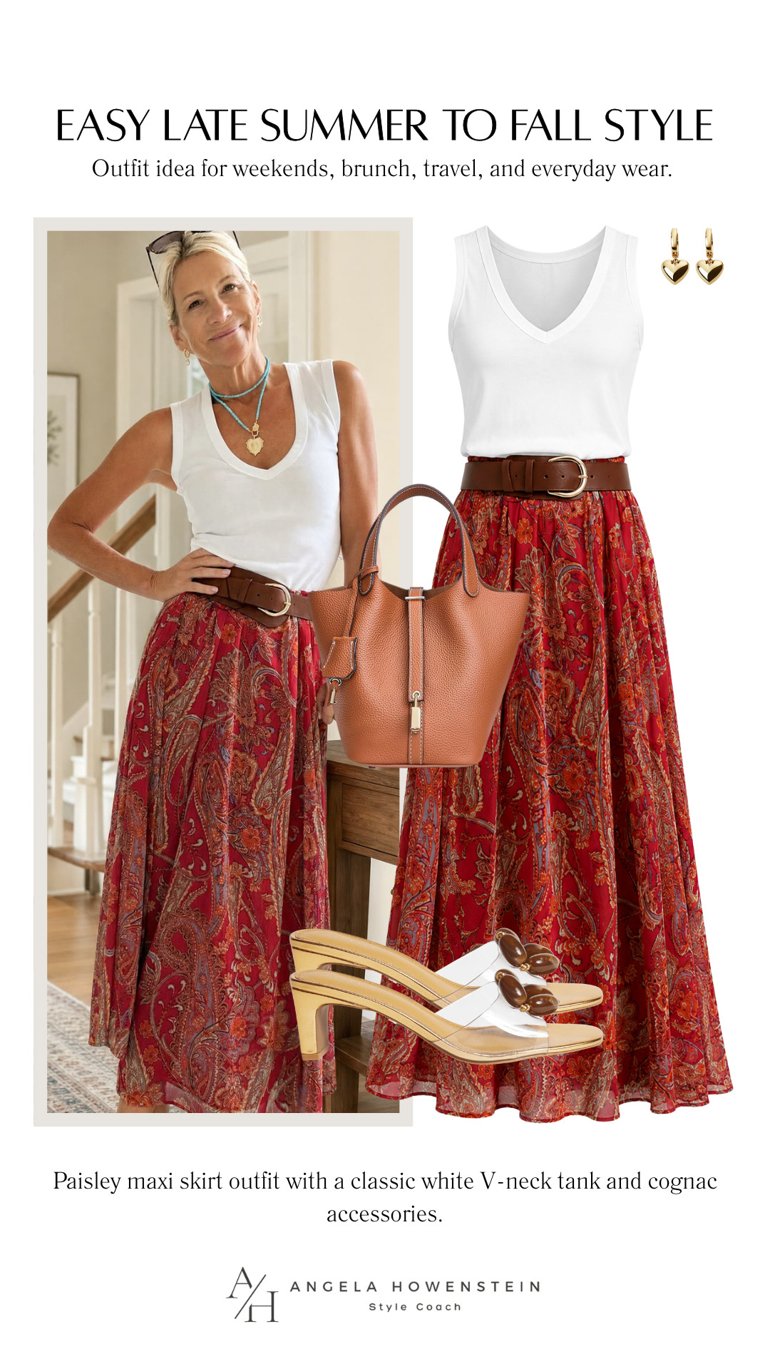 This paisley maxi skirt is such a pretty transition piece for late summer into fall. Paired with a classic white V-neck tank and cognac accessories, it’s an easy outfit you’ll reach for on repeat.

👩‍💻 LTK PRO TIPS
❤️ Heart = Support my posts ;-)
🔖 Save = Get sale & restock alerts for the things you love!
📋 Lists = Keep favorites organized (List ideas: Christmas, Birthdays, and Vacations!)
📲 Share = Send lists and products to a friend (or your daughters like me).
💬 Comment = Ask me anything, and I’ll answer. ;-) 

 #LTKootd #LTKSeasonal #LTKOver40