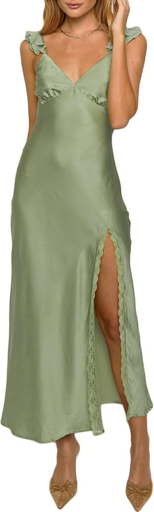 Summer Satin Lace Backless Spaghetti Strap Maxi Dress for Wedding Guest Silk Sleeveless V Neck Sl... | Amazon (US)