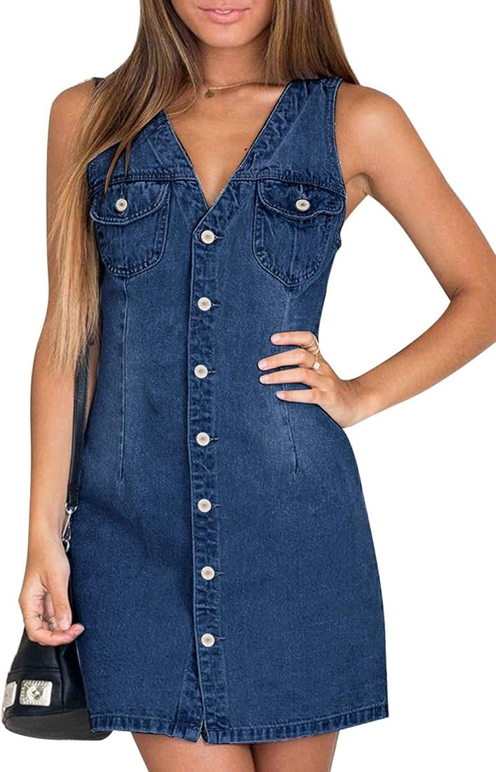 BZB Women's Sleeveless V Neck Denim Dress Casual Jeans Button Down Denim Short Dresses | Amazon (US)