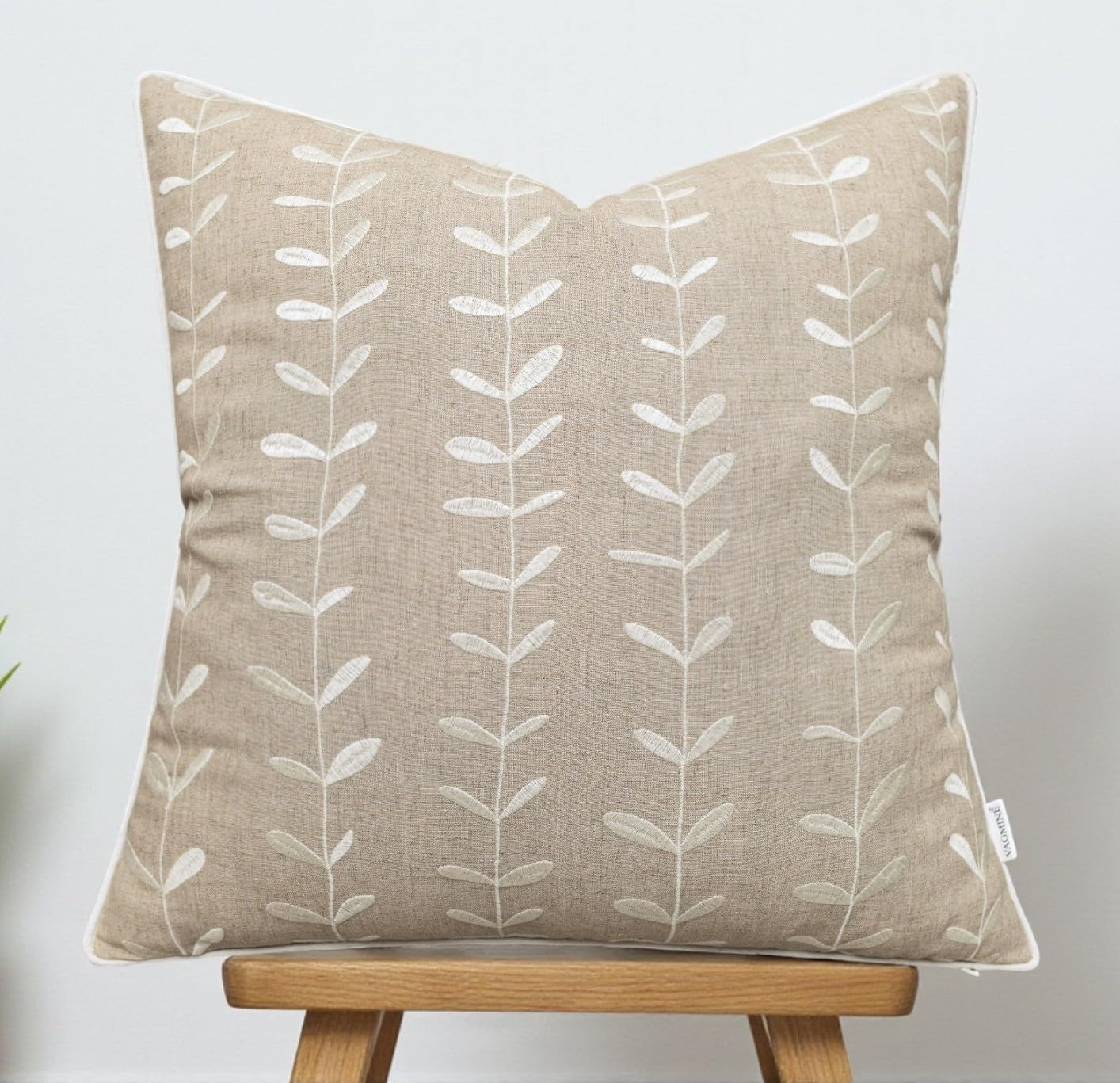 VAGMINE Embroidered Botanical Vine Leaf 18x18 Throw Pillow Cover - Natural Linen Square Cushion f... | Amazon (US)