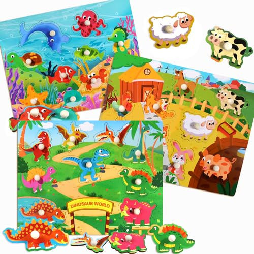 Wooden Puzzles for Toddlers 1-3,Kids Educational Preeschool Peg Puzzles Toy, 3 Pcs Toddler Puzzles Set - Dinosaur, Animals and Ocean, Great Gift for Girls and Boys | Amazon (US)