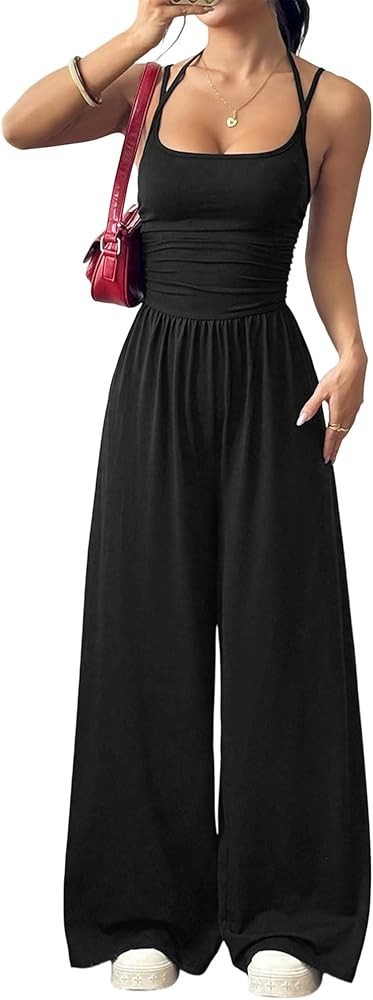 Women\u2019s Wide Leg Jumpsuit, Backless Spaghetti Strap Sleeveless One Piece Outfit, Dressy Casu... | Amazon (US)