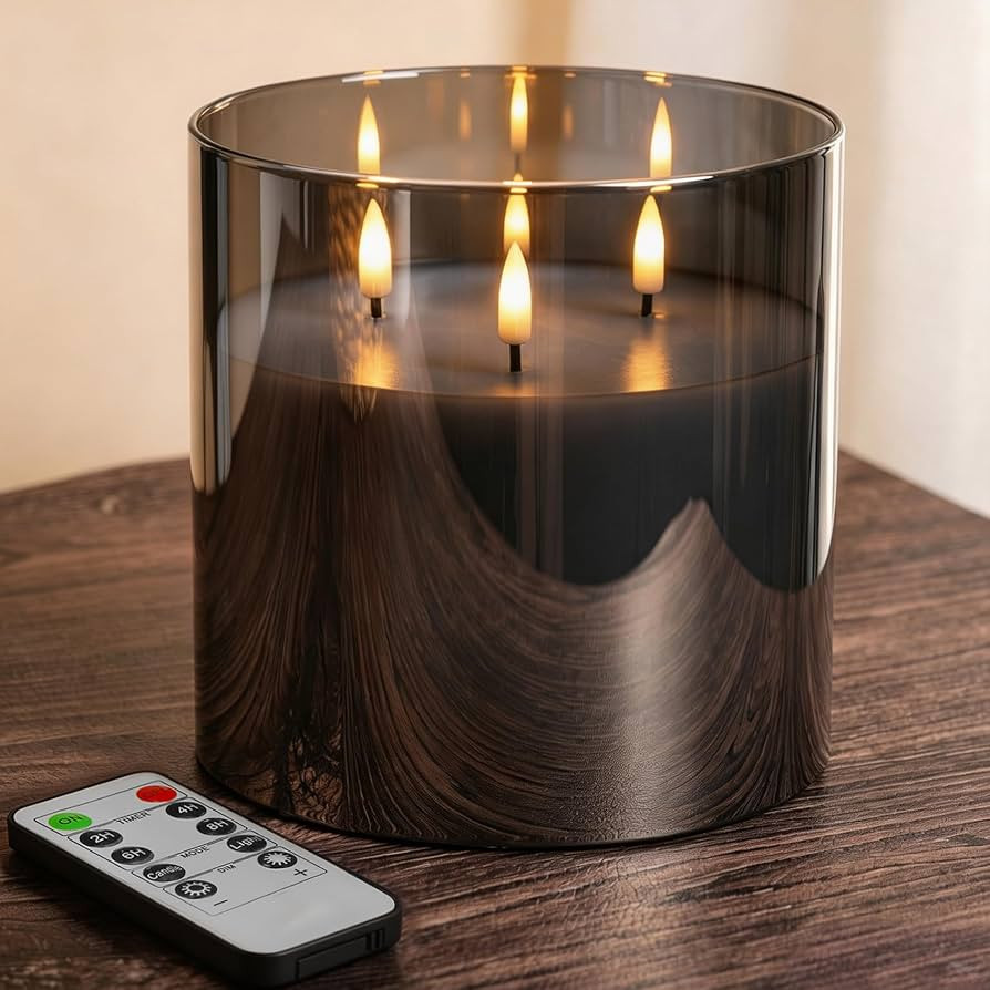 Eywamage Large 3 Wick Grey Glass Flameless Pillar Candle with Remote | Amazon (US)