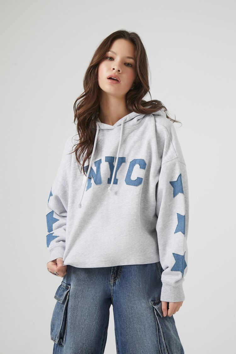 NYC Star Denim Patch Hoodie | Forever 21 (US)
