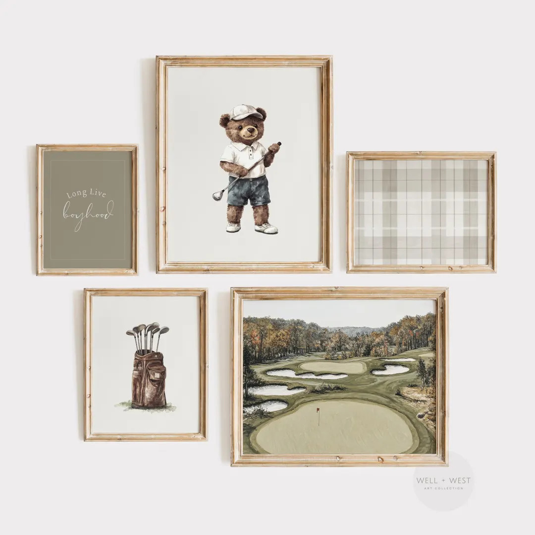 Golf Set of Five Prints | Vintage Style Golf Paintings | Teddy Bear Nursery | Boys Room Printable... | Etsy (US)