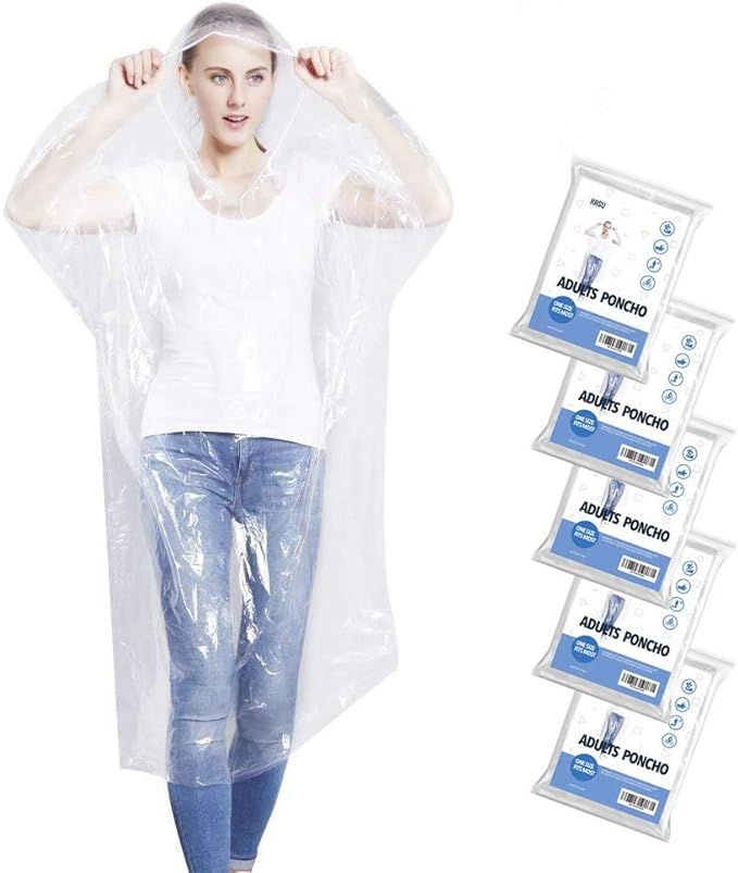 Rain Ponchos for Adults Disposable Emergency Poncho with Drawstring Hood for Men Women Clear - 5 ... | Amazon (US)