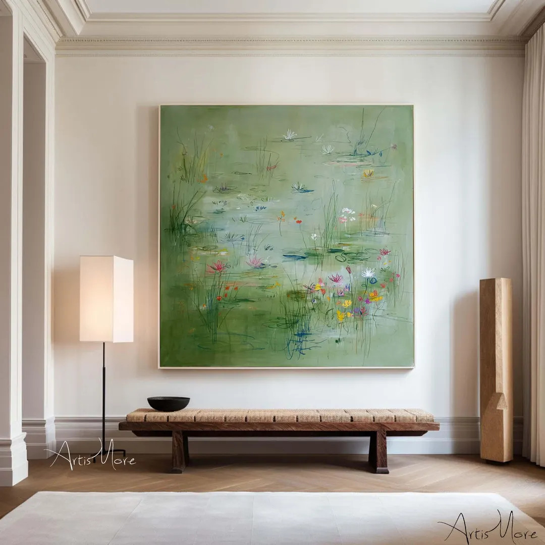 Large Green Wall Art Abstract Pond Green Painting Colorful Flowers Canvas Painting Contemporary F... | Etsy (US)