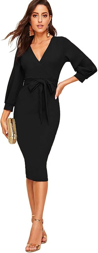 Verdusa Women's Plunging V Neck Bishop Sleeve Bodycon Belted Dress | Amazon (US)