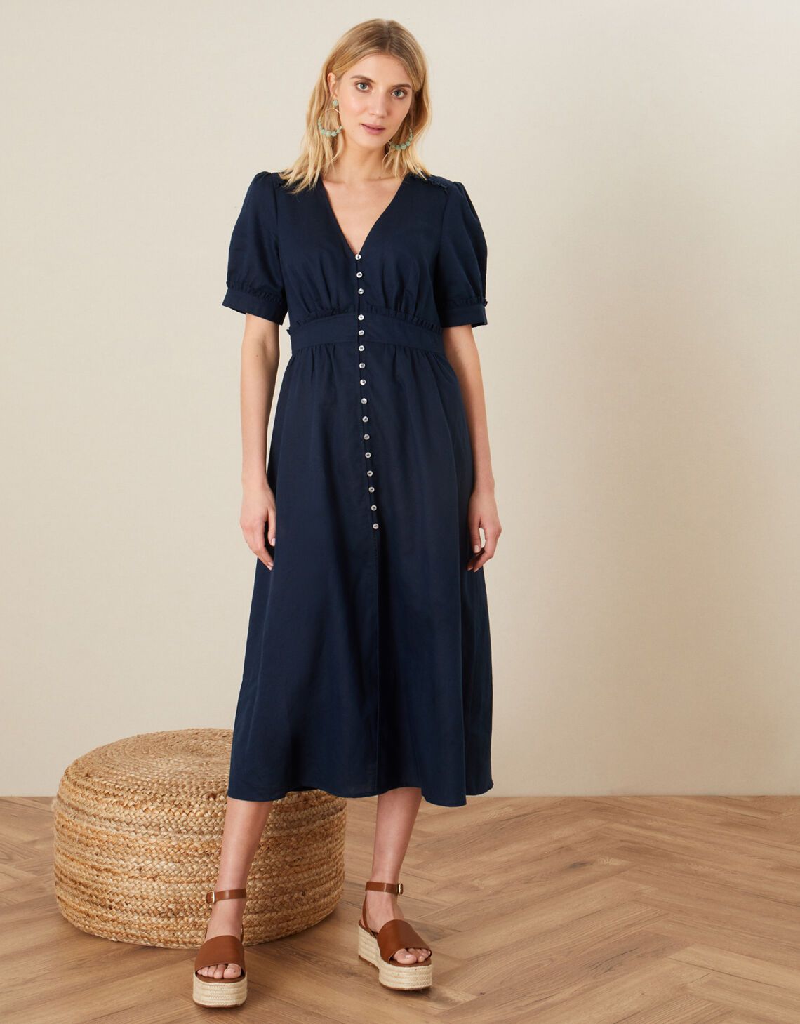 Midi Tea Dress in Linen Blend Blue | Monsoon (UK)