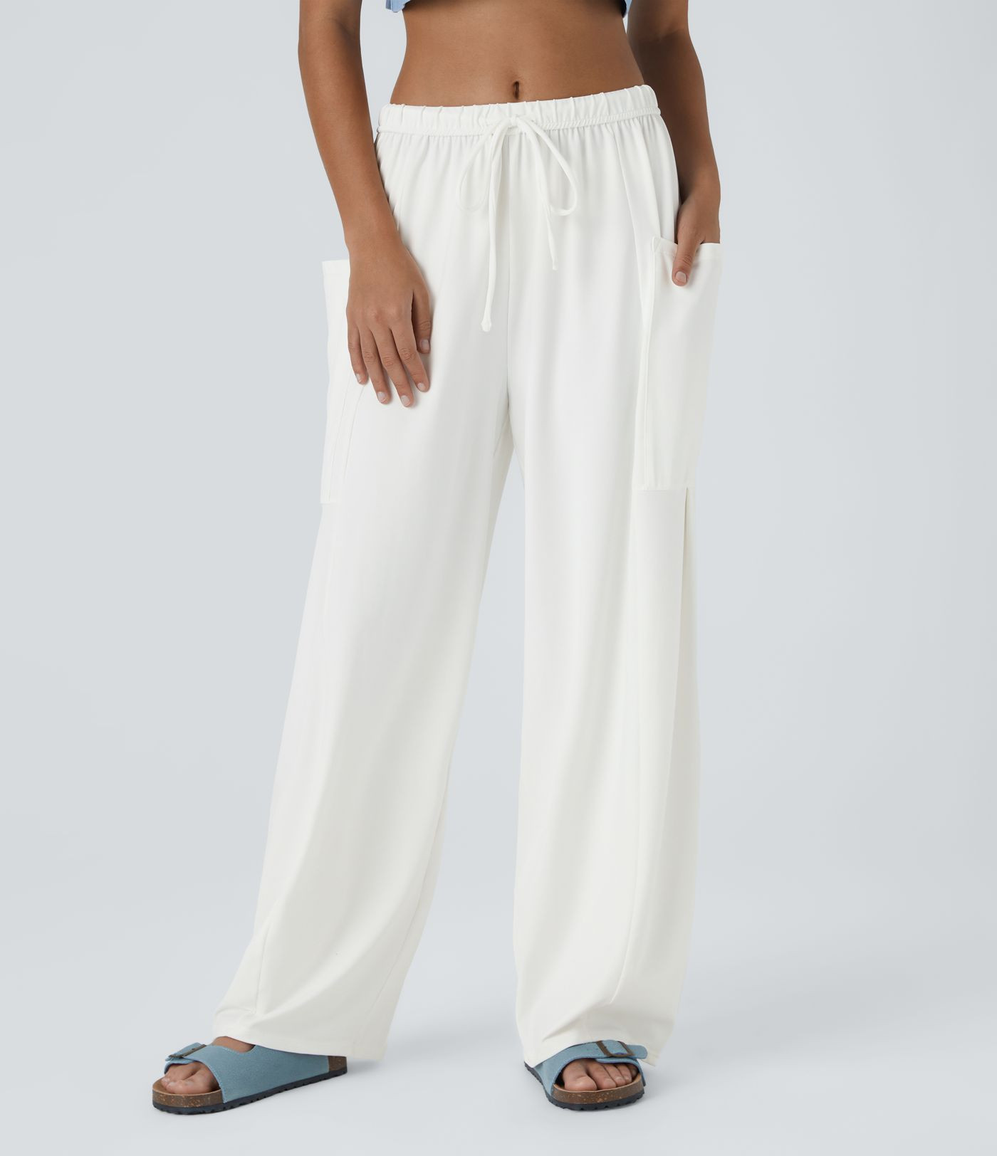 Women’s Mid Rise Elastic Waistband Drawstring Pocket Palazzo Flowy Wide Leg Casual Pants - Hala... | HALARA