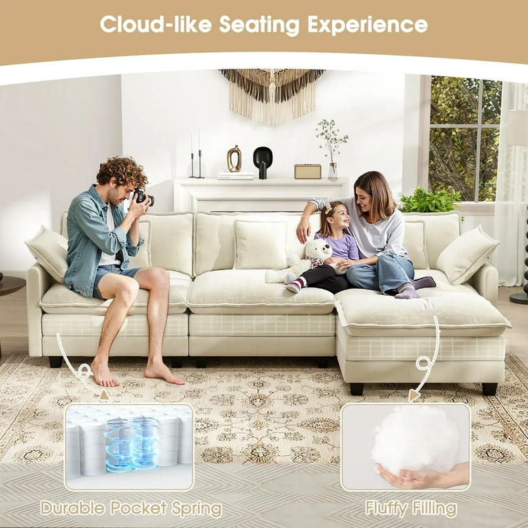 BedLuxury 111.5'' Modular Sectional Sofa with Movable Ottoman, L Shaped Cloud Couch for Living Ro... | Walmart (US)