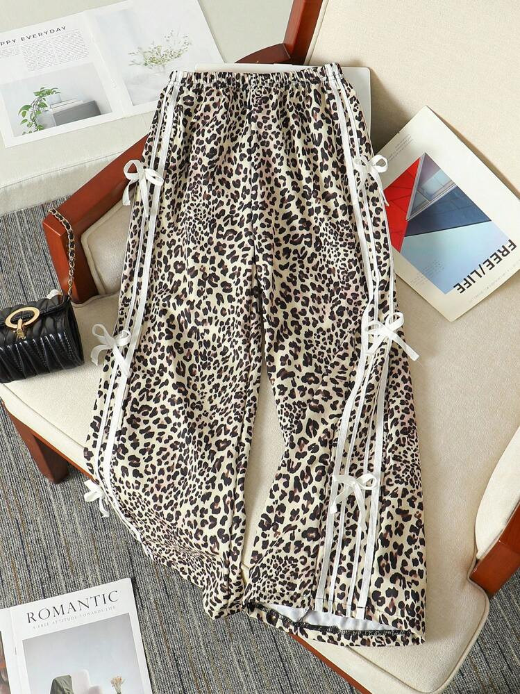 Tween Girls Wide Leg Geometric Print Long Pants With Pockets And Side Bow Details Leopard Pants Cheetah Print Pants Leopard Print Pants Tween Girl Leopard Set Fall Winter | SHEIN