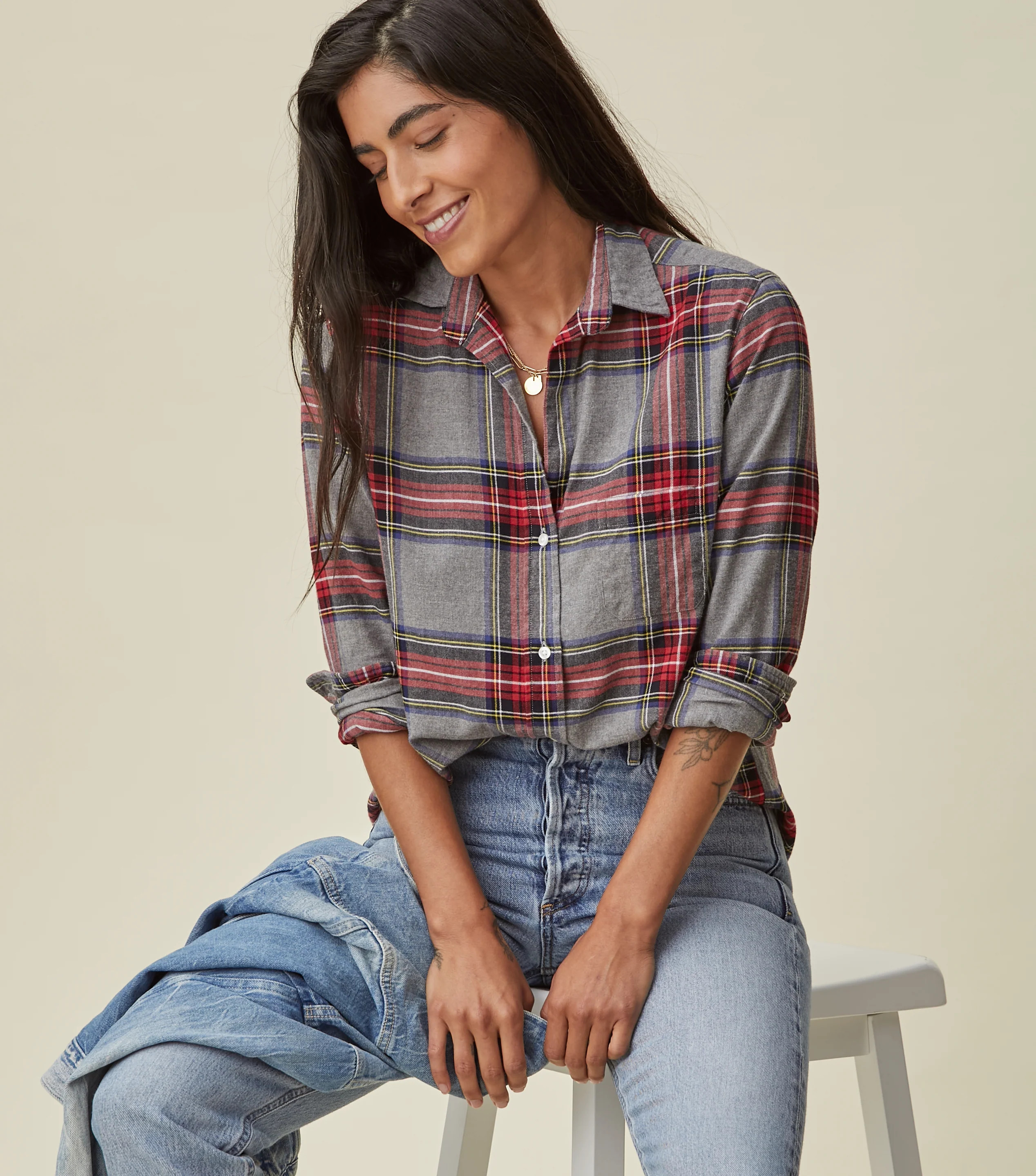 The Hero Gray Melange with Red Plaid, Feathered Flannel | Grayson