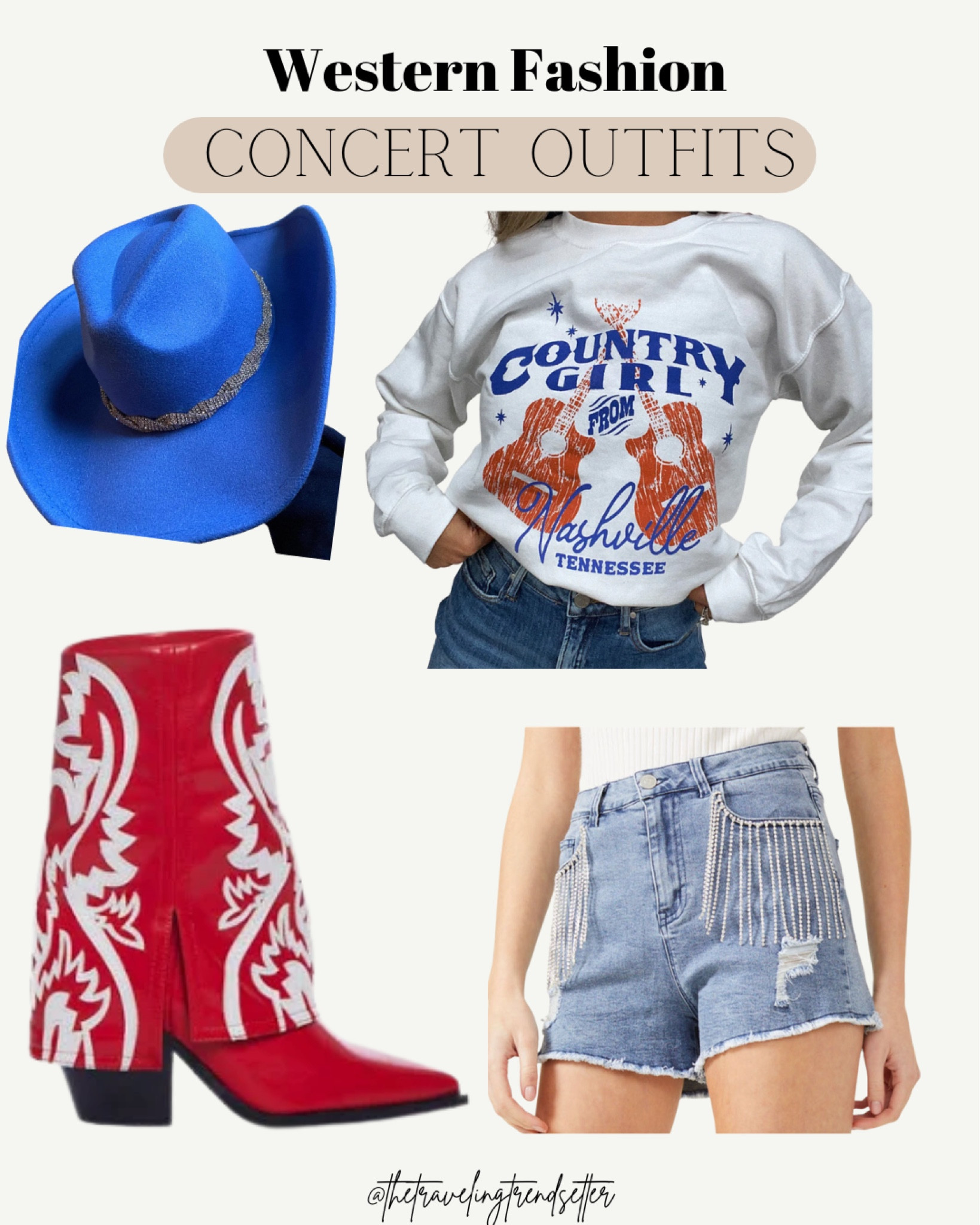 Country concert outfits - cowgirl hat - red boots - fringe shorts -rhinestone -sweatshirt - outfits - western - rodeo 

#LTKunder50 #LTKstyletip #LTKshoecrush