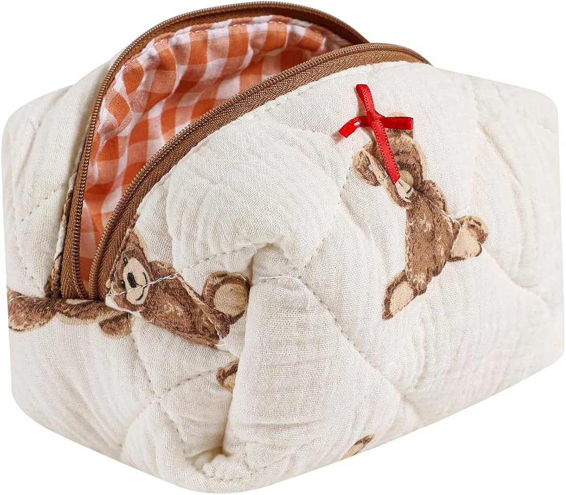 Cute Small Floral Cotton Makeup Bag, Quilted Zipper Pouch with Coquette Bear for Women and Girls,... | Amazon (US)